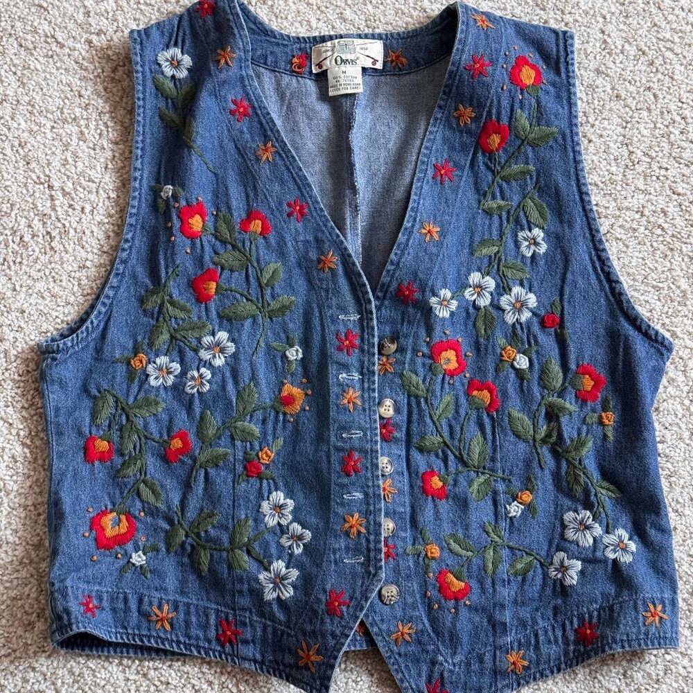 Orvis Floral Embroidered Vest Floral Jean Vintage Boho Button Up, Women’s M